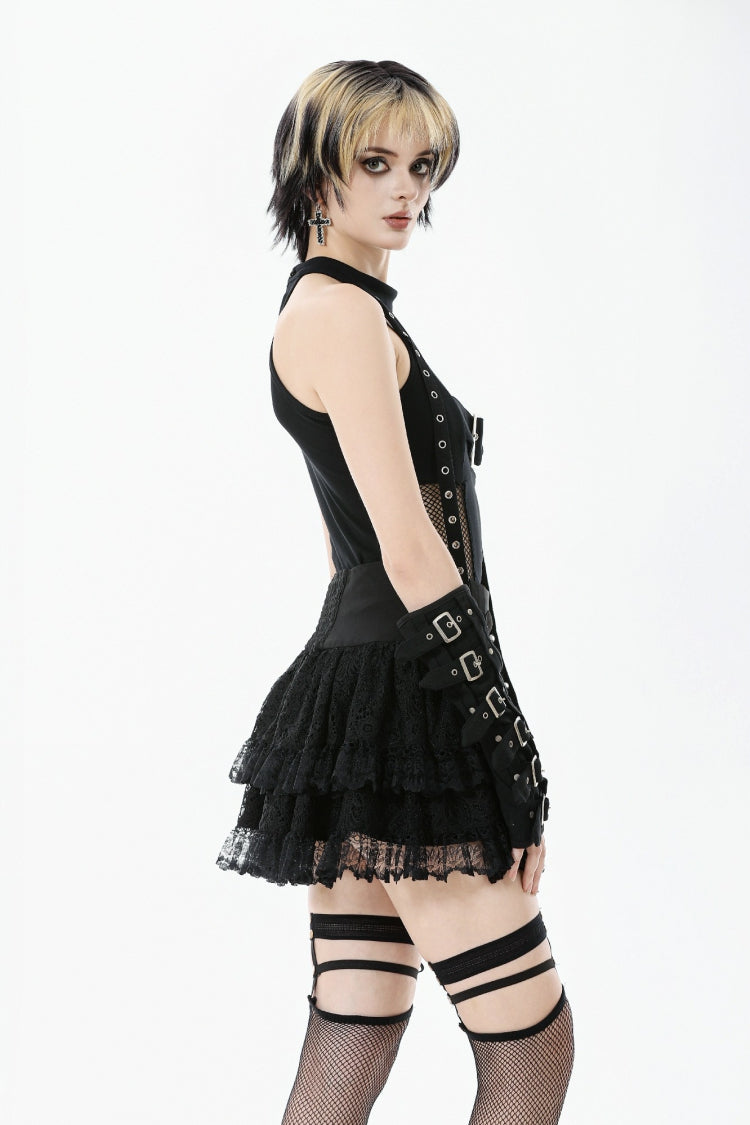 Black Wide-Waistband Eyelet Strap Double-Layered Lace Women's Punk Skirt - Product - 4