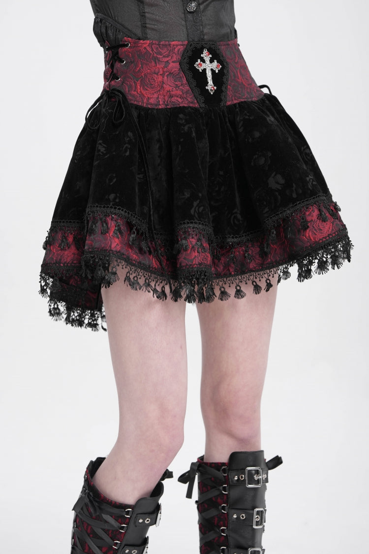 Black/Red Cross Tassel Print Women's Gothic Skirt - Product - 4