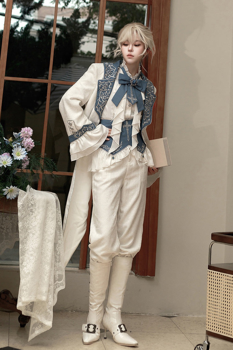 White [Moonlit Paladin Prince] Ruffle Embroidery Bowknot Classic Prince Handsome Ouji Lolita Set - Product - 4