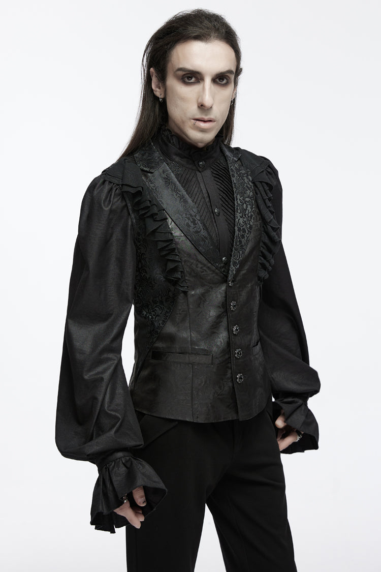 Black Sleeveless Buckle-up Ruffle Men's Gothic Vest - Product - 4
