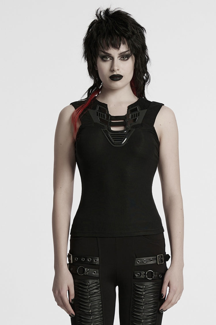 Black Sleeveless Plunging Stitching Mesh Women's Punk Vest - Black - 1