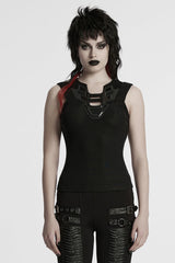 Black Sleeveless Plunging Stitching Mesh Women's Punk Vest - Black - 1
