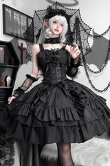 Black [Butterfly Officer] Triple-Layered Ruffle Bowknot Lace-Up Gothic Lolita Skirt Set - Black - 1