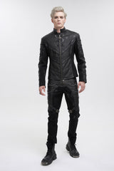 Black Stand Collar Stretch Faux Leather Twill Woven Men's Punk Jacket - Product - 2