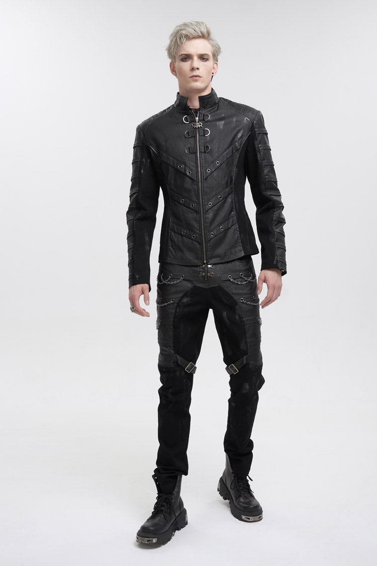 Black Stand Collar Stretch Faux Leather Twill Woven Men's Punk Jacket - Product - 2