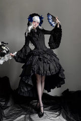 Black [Immortal Phoenix] Long Hime Sleeves Multi-Layered Ruffled Bow Lace-Up Gothic Lolita Skirt Dress Set - Product - 3