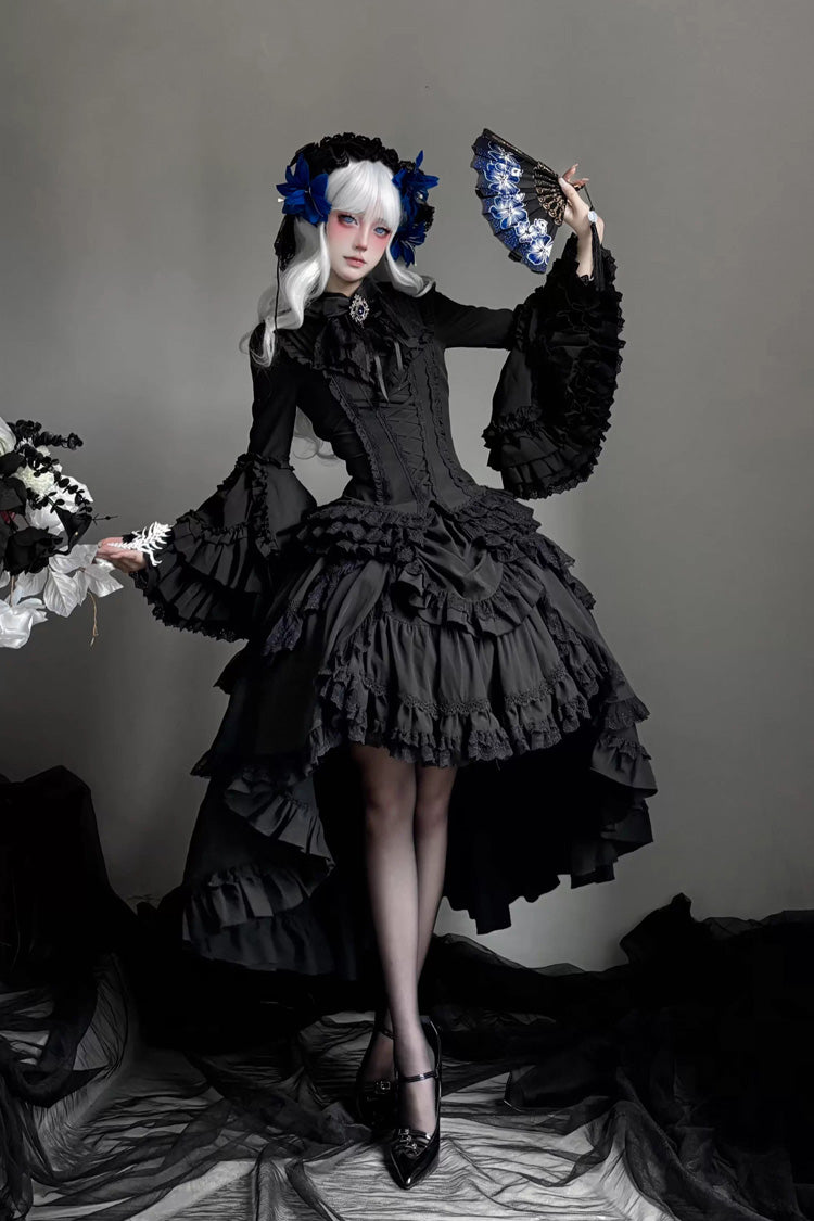 Black [Immortal Phoenix] Long Hime Sleeves Multi-Layered Ruffled Bow Lace-Up Gothic Lolita Skirt Dress Set - Product - 3