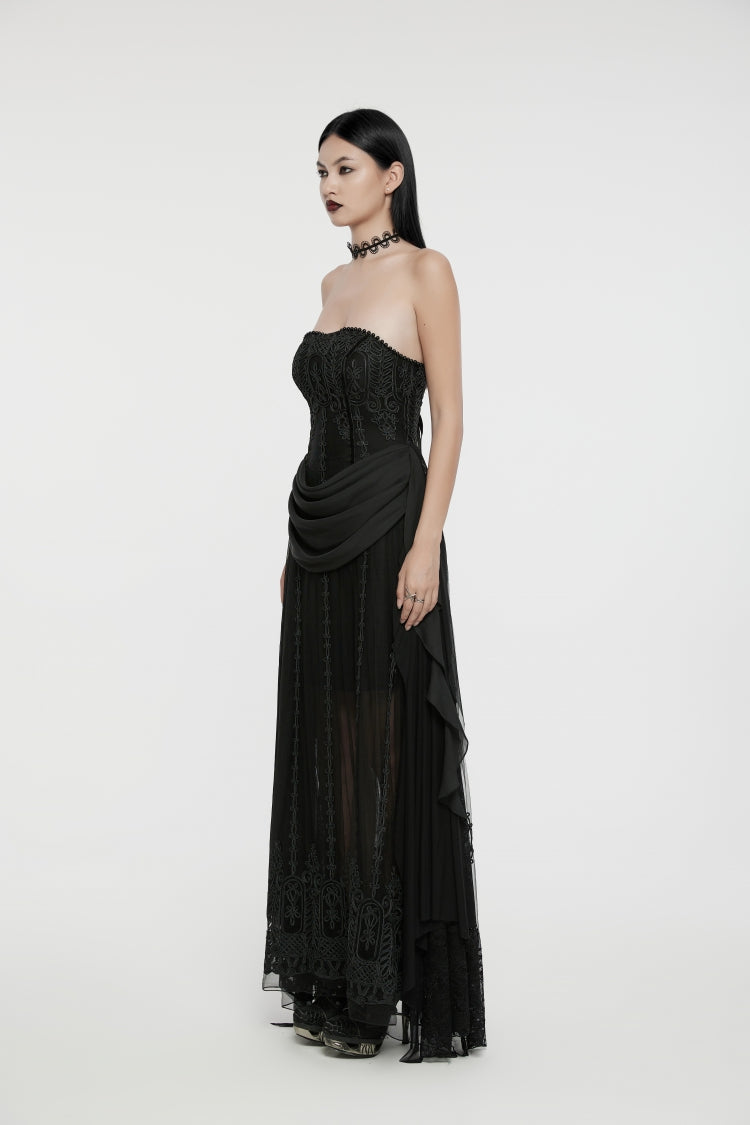 Black Off Shoulder Sleeveless Spliced Lace-Up Slim Pleated Women's Gothic Corset  Chiffon Strapless Dress - Product - 3