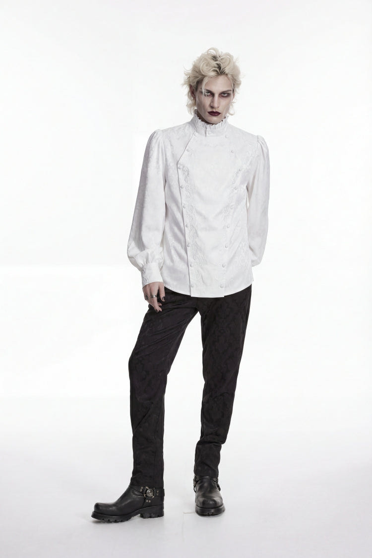 White Stand Collar Long Lantern Sleeves Jacquard Embroidered  Men's Gothic Palace Shirt with Detachable Tie - Product - 9