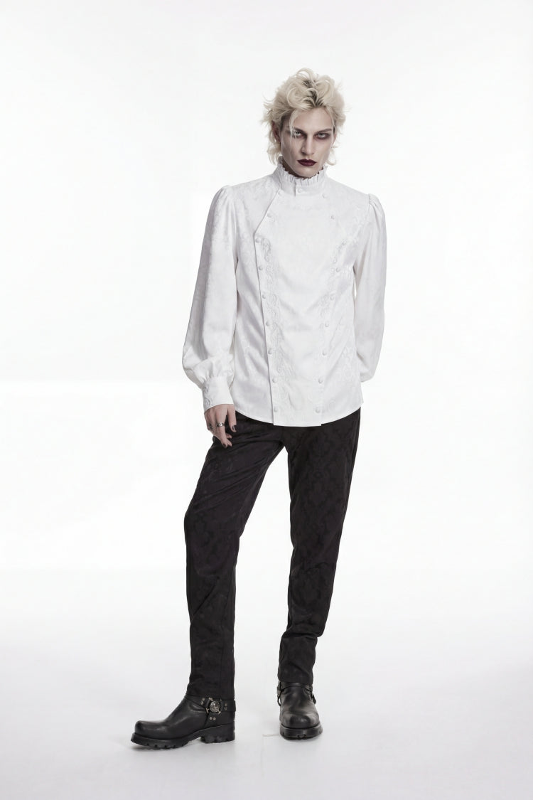 White Stand Collar Long Lantern Sleeves Jacquard Embroidered  Men's Gothic Palace Shirt with Detachable Tie - Product - 9