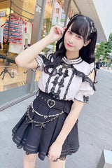 Sweet Heart Belt Printed Ruffled Bow Pearl-Decorated Chain-Decorated Plus Size Pleated Jirai Kei Skirt - Product - 2
