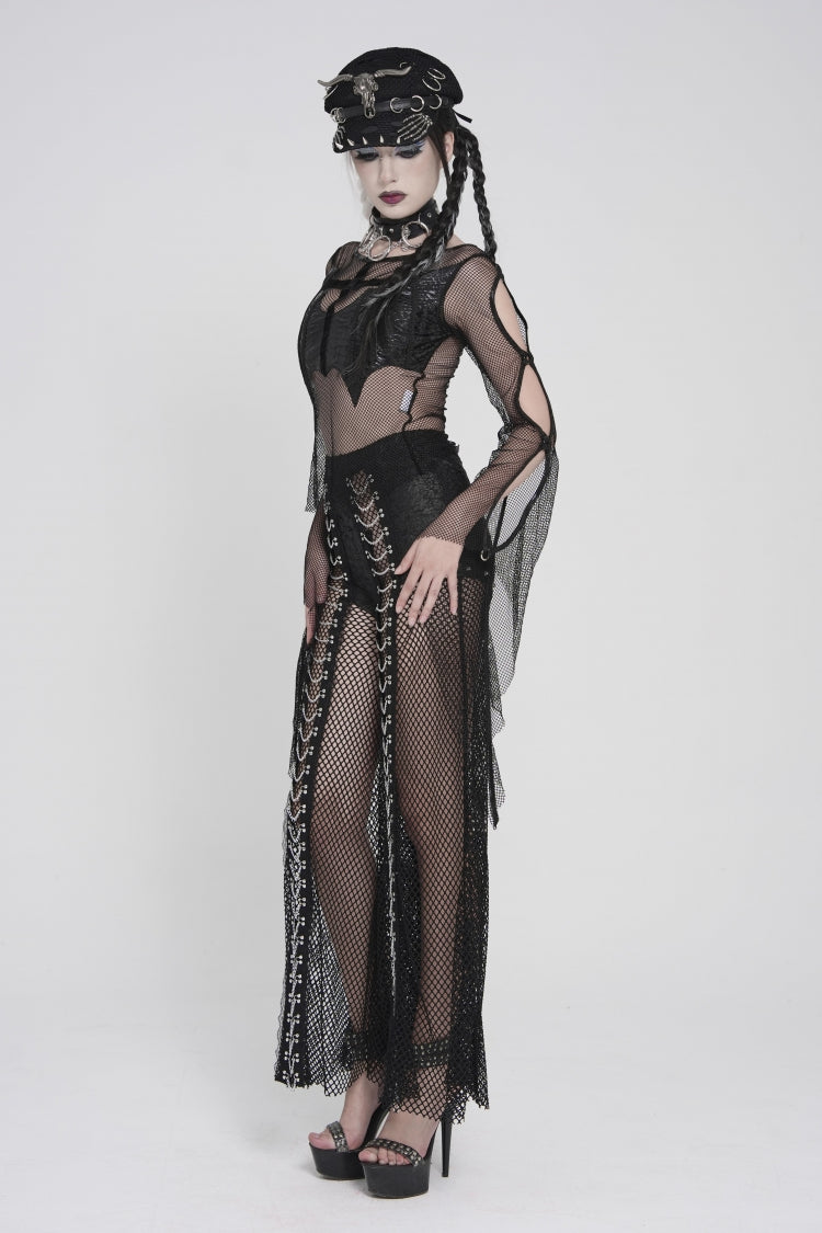 Black Round Collar Long Sleeves Cut-Out Sheer Eyelet Women's Punk Bat Cross Mesh T-Shirt - Product - 3