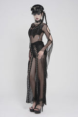 Black Round Collar Long Sleeves Cut-Out Sheer Eyelet Women's Punk Bat Cross Mesh T-Shirt - Product - 3