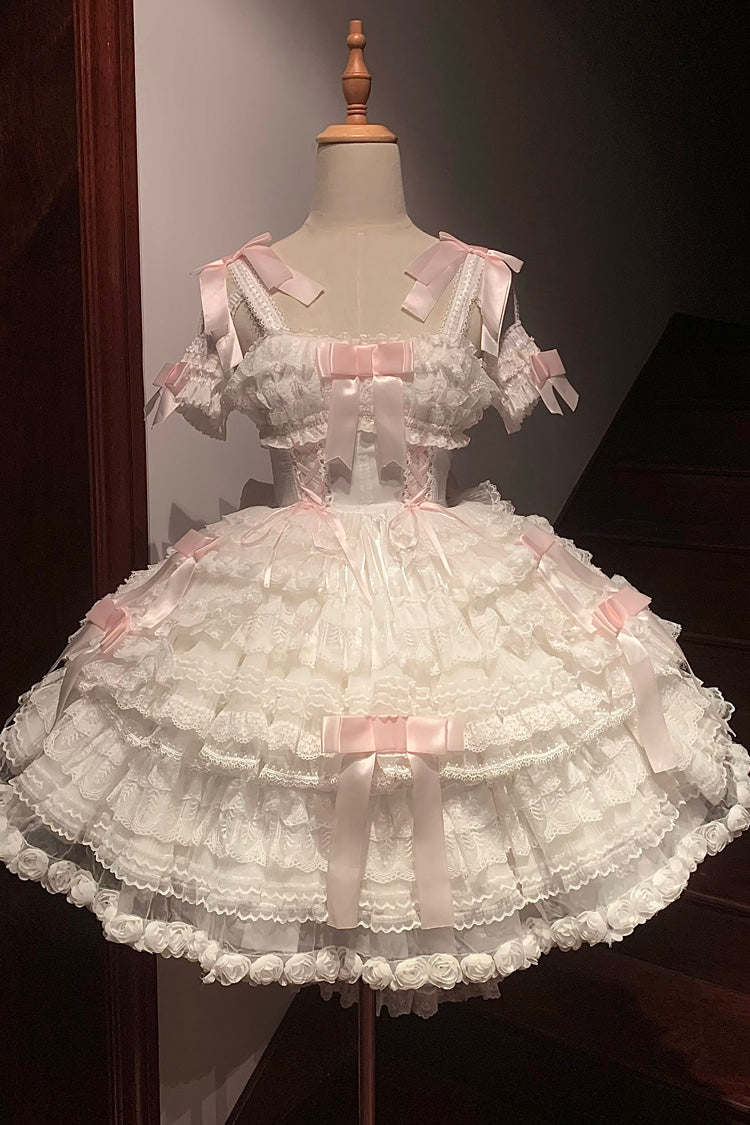 Love Song Multi-Layered Ruffle Hanayome Bowknot Lace Sweet Princess Lolita Jsk Dress 3 Colors - Pink/White - 3