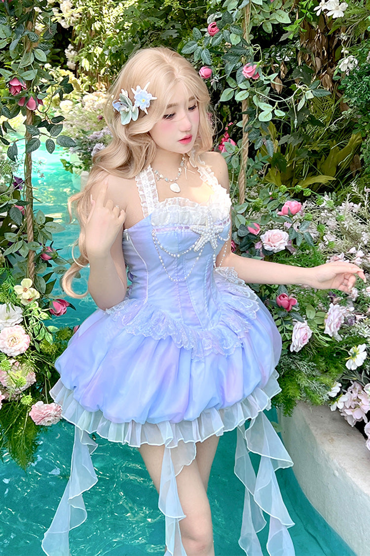 Blue [Starlight Jellyfish Princess] Halterneck Sleeveless Ruffle Lace Sweet Lolita Jsk Dress - Product - 2