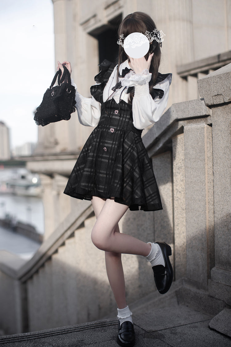 Black Plaid Print Classic College Style Elegant Lolita Strap Short Dress - Product - 2