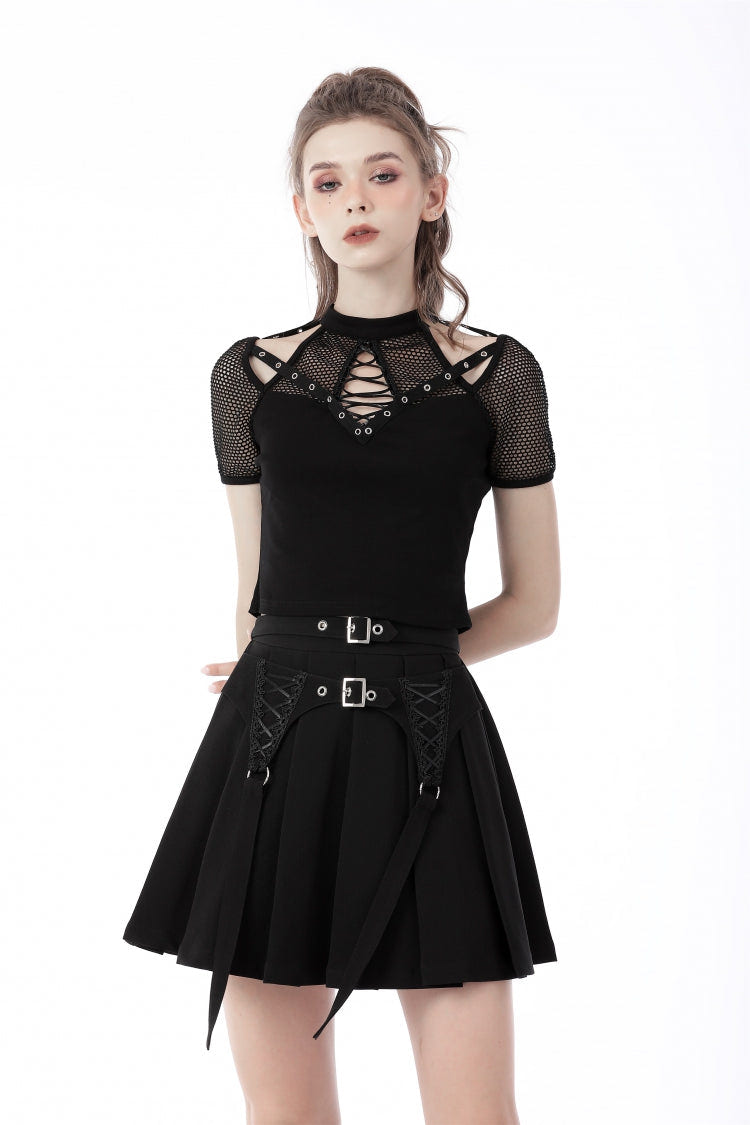 Black Double Buckled Women's Punk Pleated Skirt - Product - 5