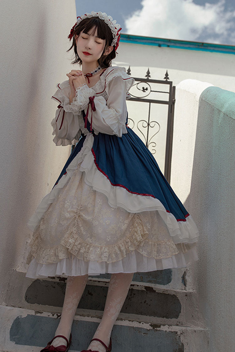 Blue/White Long Sleeves Cardigan Bowknot Sweet Lolita Dress - Product - 3