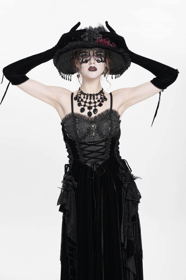 Black Sleeveless Ruffle Lace-Up Plumed Women's Gothic Long Slip Dress - Product - 10