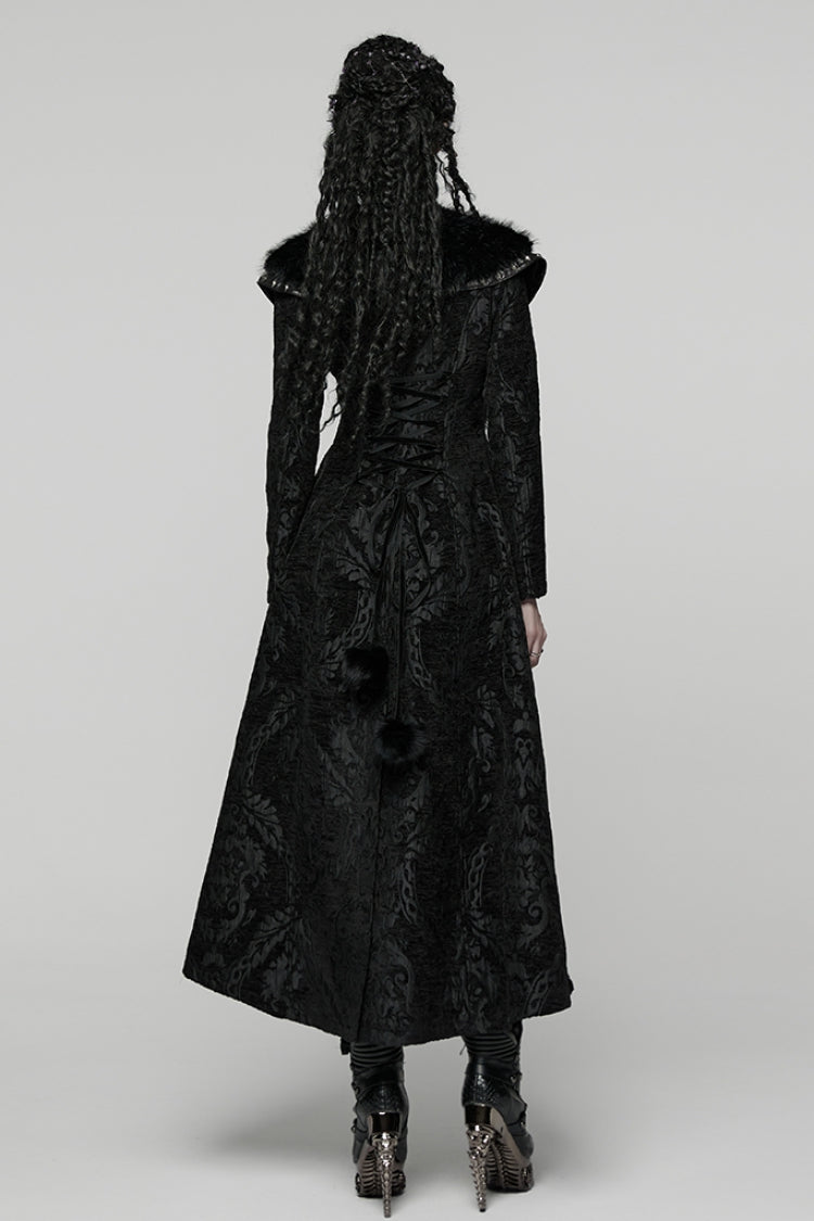 Black Lapel Collar Long Sleeves Floral Printed Plush Spliced Women's Gothic Coat - Product - 3