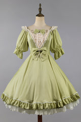 Midsummer Galaxy Solid Color Short Sleeves Ruffle Bowknot Sweet Lolita OP Dress - Green - 2