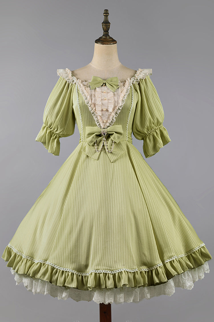 Midsummer Galaxy Solid Color Short Sleeves Ruffle Bowknot Sweet Lolita OP Dress - Green - 2