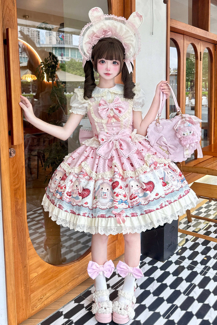 Pink [Sweet Bunny Party] Square Collar Sleeveless Printed Ruffled Bow Sweet Lolita Jsk Dress Set - Product - 2