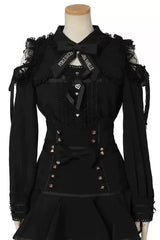 Sweet Lapel Collar Off Shoulder Long Sleeves High Waisted Printed Bow Lolita Skirt Blouse Set - Black(Set) - 4