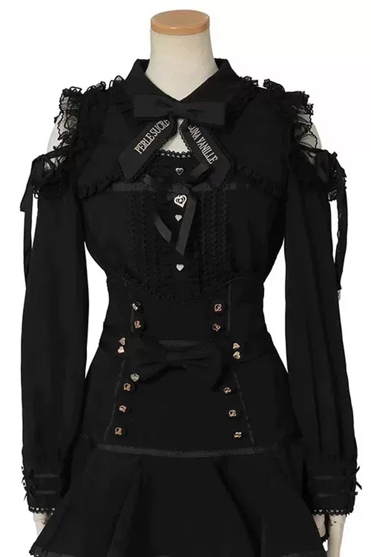 Sweet Lapel Collar Off Shoulder Long Sleeves High Waisted Printed Bow Lolita Skirt Blouse Set - Black(Set) - 4