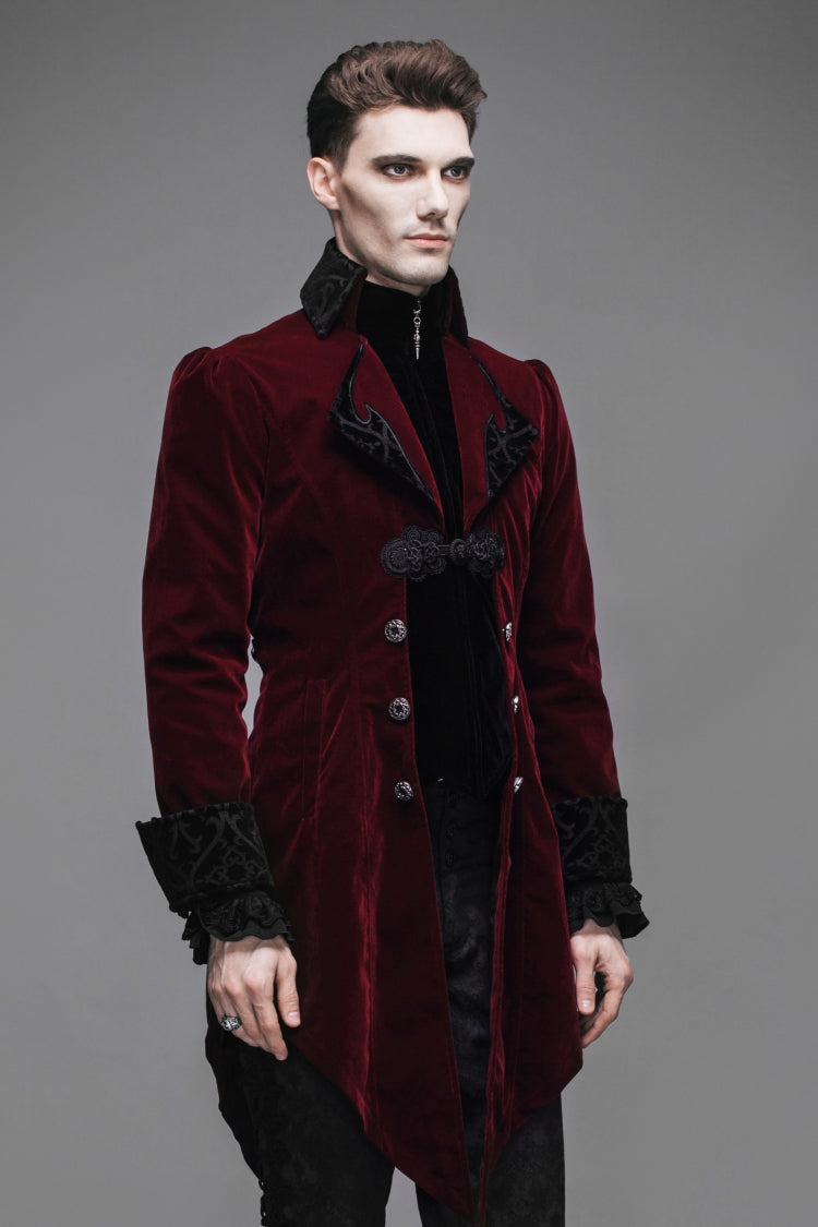 Wine Formal Party Turn Down Collar Long Sleeves Mens Gothic Swallowtail Coat - Product - 5