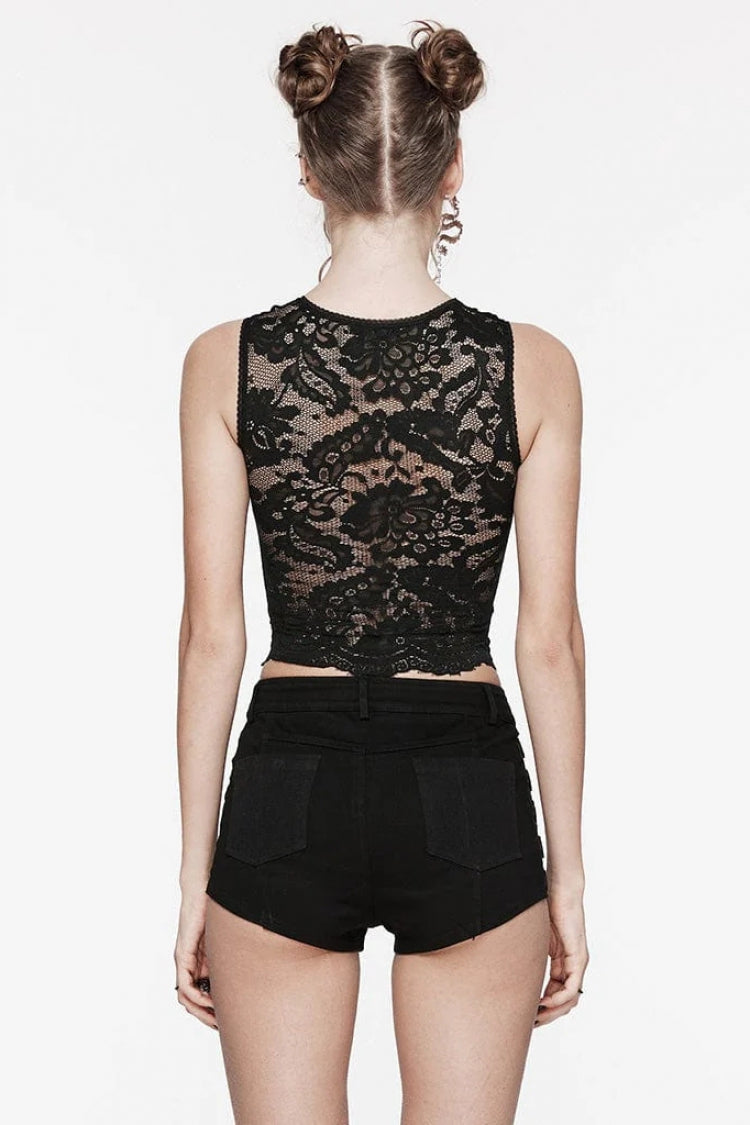 Black Sleeveless Hollow Cross Embroidery Lace Womens Gothic Vest - Product - 3