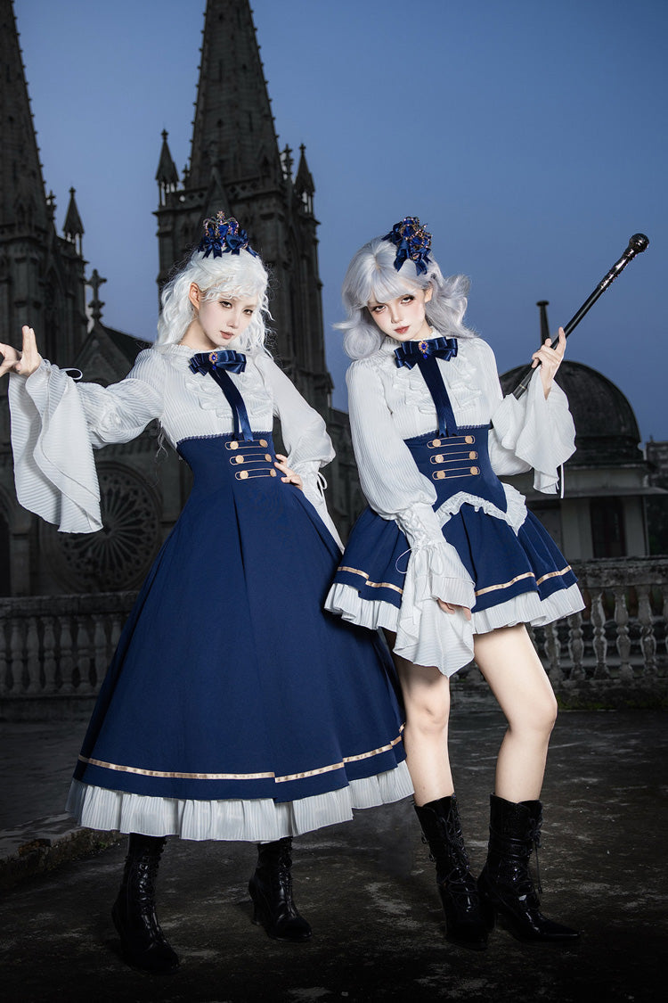 Blue [Eternal Crown] Stand Collar Long Lantern Sleeves Ruffled Color-Blocked Faux Two-Piece Classic Royal Lolita Dress 2 Versions - Product - 12