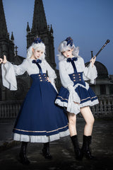 Blue [Eternal Crown] Stand Collar Long Lantern Sleeves Ruffled Color-Blocked Faux Two-Piece Classic Royal Lolita Dress 2 Versions - Product - 12