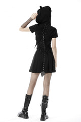 Black Short Sleeves Lace-Up Buckled Women's Punk Cat Ear Hooded Short Cape - Product - 11