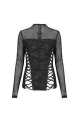 Black Strappy Mesh Splice Ruched Women's Punk Shirt - Product - 6