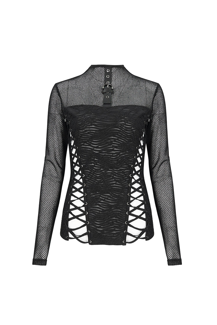 Black Strappy Mesh Splice Ruched Women's Punk Shirt - Product - 6