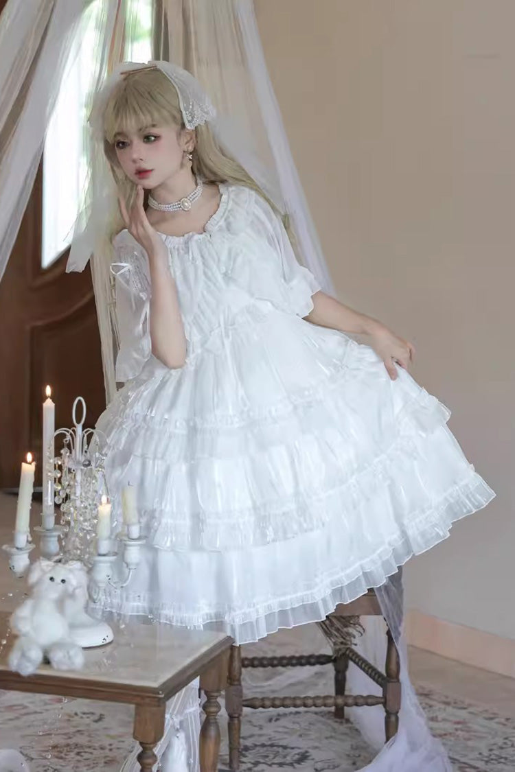 White Star Gauze Romance Multi-layer Ruffle Bowknot Sweet Elegant Princess Lolita Jsk Dress - Product - 4
