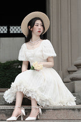 Elegant Vintage Tulip Square Collar Lantern Sleeves Multi-Layer Ruffled Classic Lolita OP Dress Short Version - Product - 6