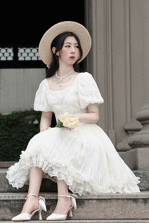 Elegant Vintage Tulip Square Collar Lantern Sleeves Multi-Layer Ruffled Classic Lolita OP Dress Short Version - Product - 6