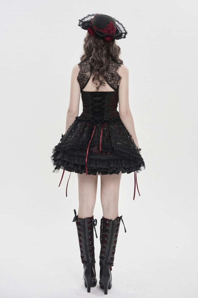 Black/Red Off Shoulder Double-Layered Embroidered Lace Lace-Up Slim Women's Gothic Vest - Product - 2