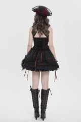 Black/Red Off Shoulder Double-Layered Embroidered Lace Lace-Up Slim Women's Gothic Vest - Product - 2