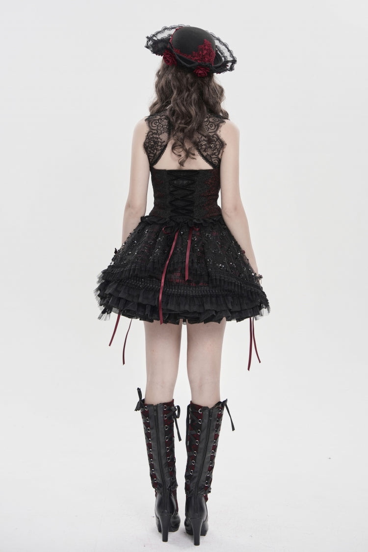 Black/Red Off Shoulder Double-Layered Embroidered Lace Lace-Up Slim Women's Gothic Vest - Product - 2