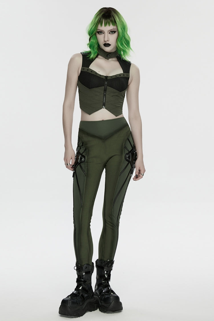 Black/Green Sleeveless Cut-Out Studded Mechanical Women's Punk Tank Top - Product - 4