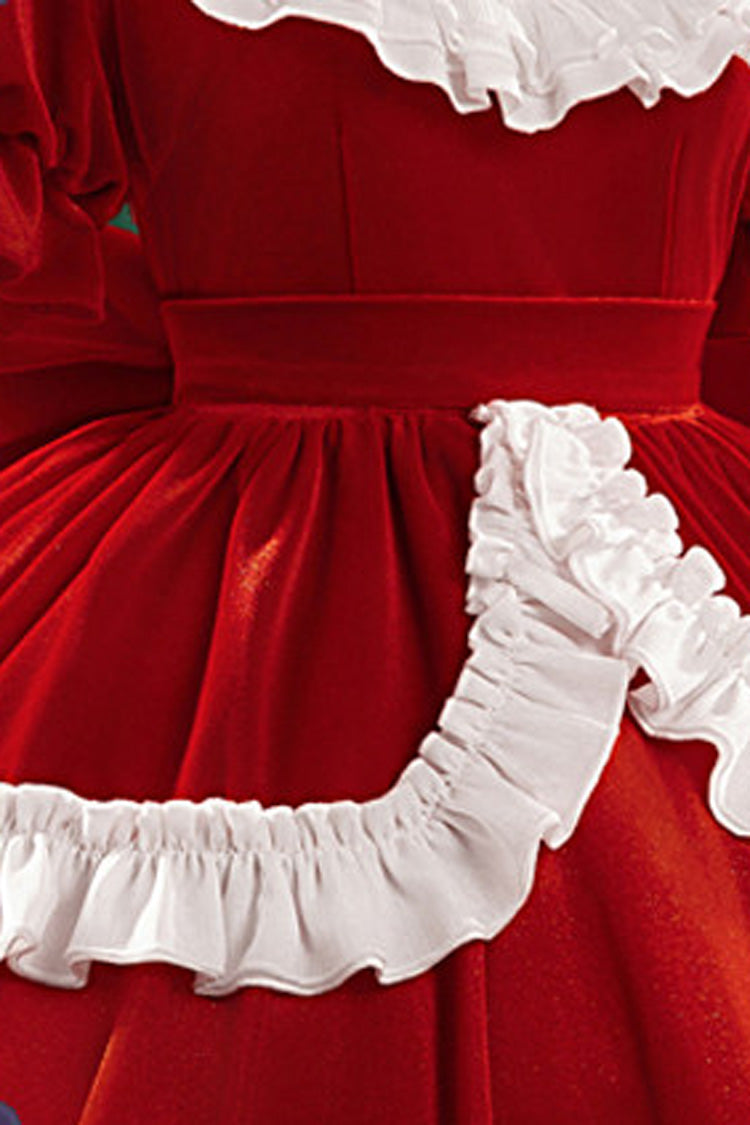 Red [Emma Woods Gardener] Stand Collar Short Sleeves Multi-Layered Ruffled Bow Christmas Sweet Lolita Dress - Product - 4