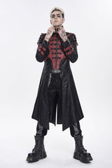 Black Stand Collar Long Sleeves Printed Spliced Studded Buckled Zippered Eyelet Men's Punk Cool Hooded Jacket - Product - 12