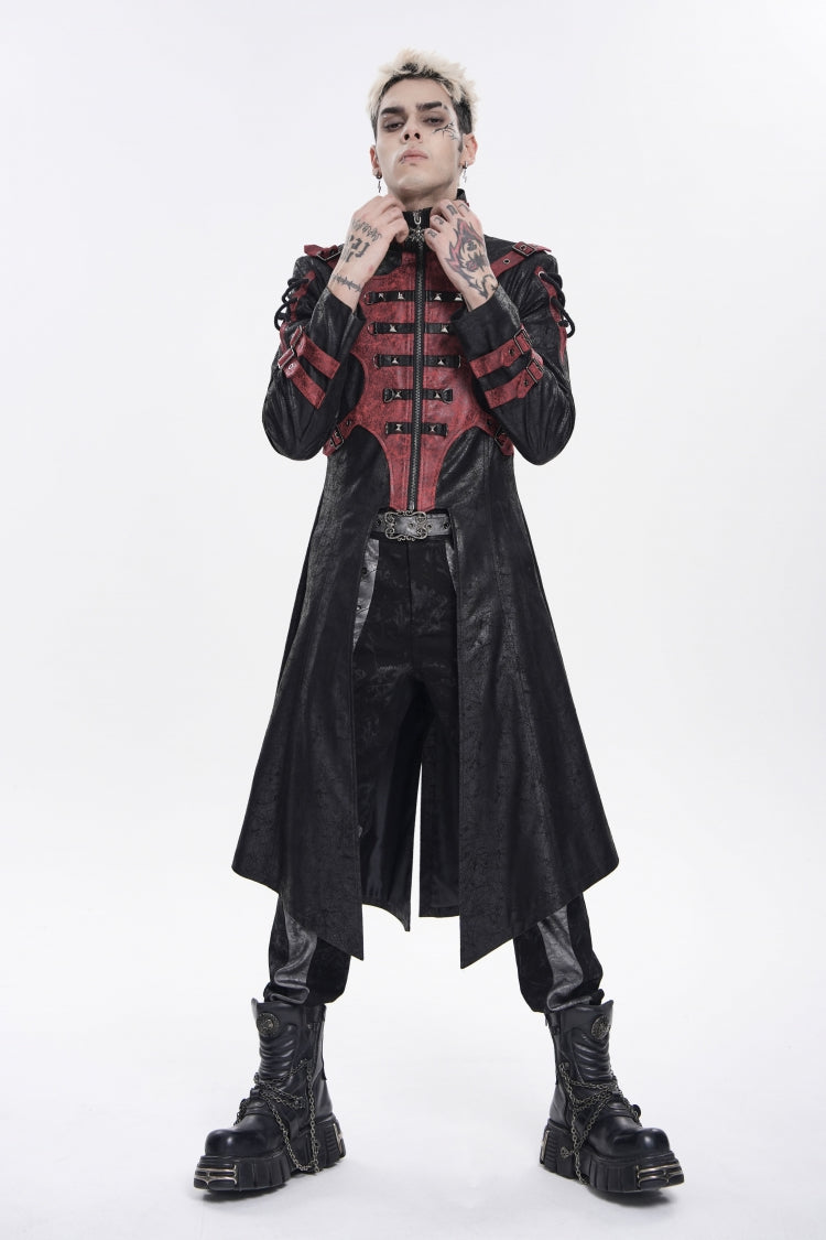 Black Stand Collar Long Sleeves Printed Spliced Studded Buckled Zippered Eyelet Men's Punk Cool Hooded Jacket - Product - 12