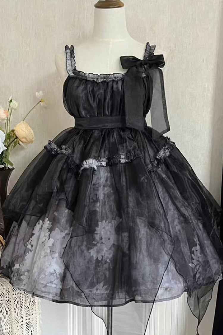 Black Stand Collar High Waisted Dead Leaves Print Tulle Gothic Princess Lolita Jsk Dress - Product - 3