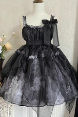 Black Stand Collar High Waisted Dead Leaves Print Tulle Gothic Princess Lolita Jsk Dress - Product - 3