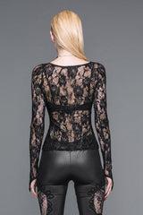 Black Sexy Hollow Out Rose Flocking Big Round Collar Lace Womens Gothic T-Shirt - Product - 7