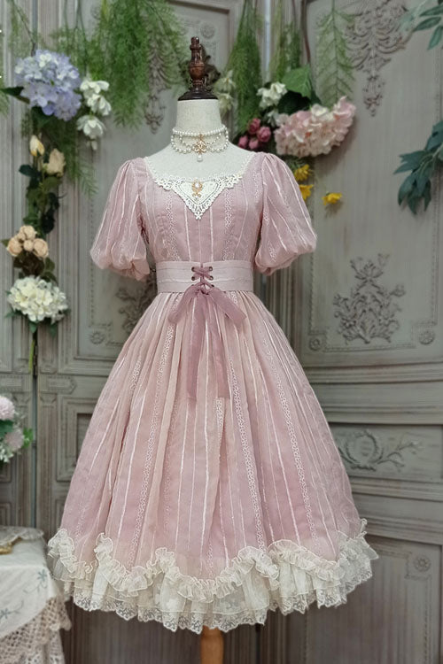 Pink Elegant Vintage Square Collar Short Sleeves Multi-Layer Ruffled Classic Lolita OP Dress - Product - 5